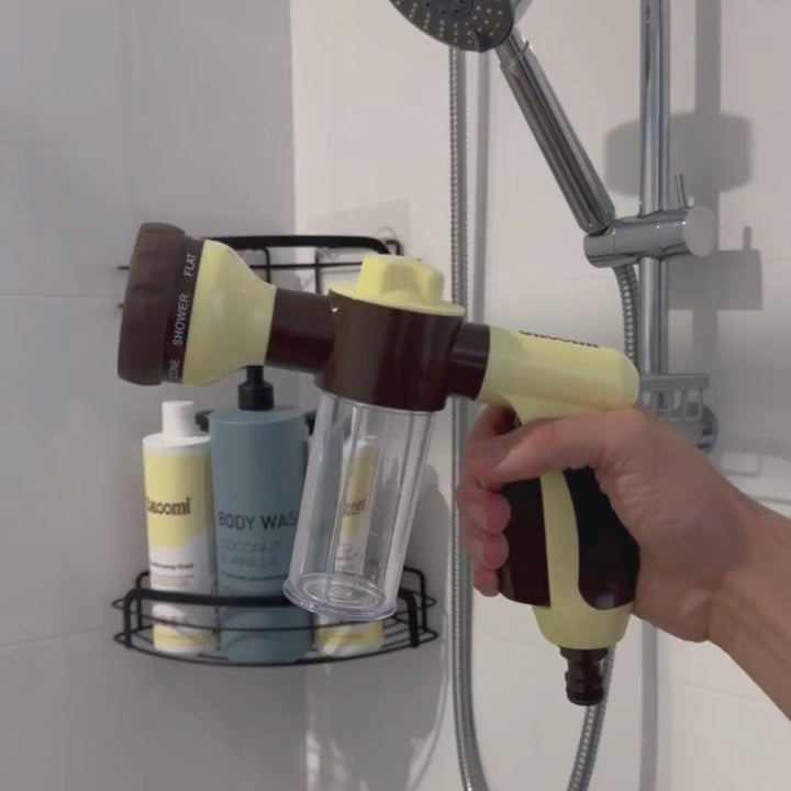 The Groomi: A Hydro Hound adapter connecting a pet bathing hose to an indoor shower, making it easy to give dogs a warm and comfortable bath.